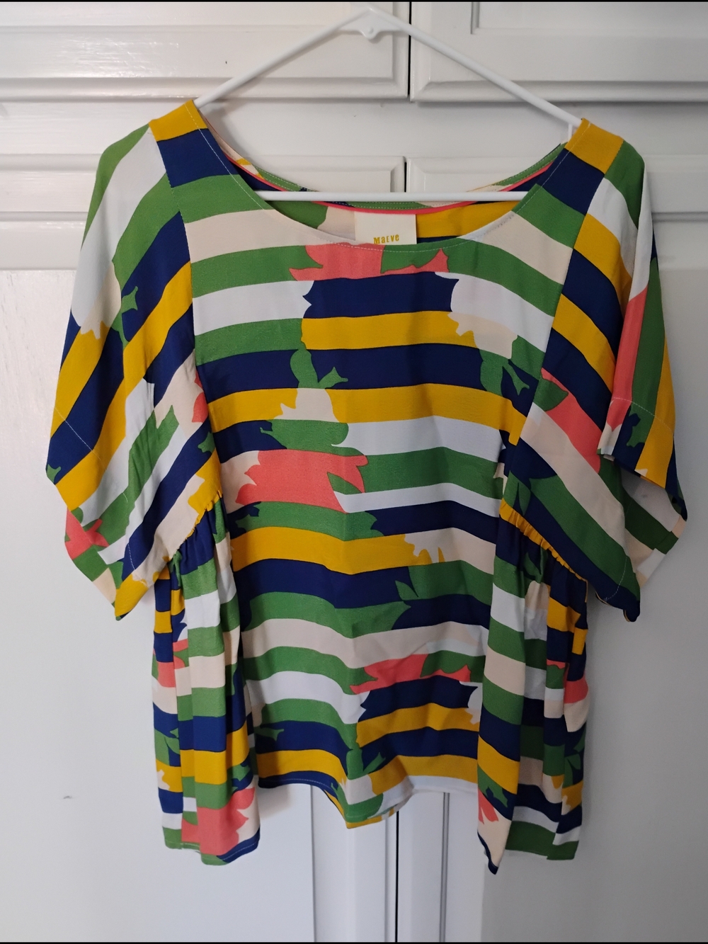 Maeve Anthropologie Striped Short Sleeve Blouse - Green/Blue/Yellow/Coral/Cream